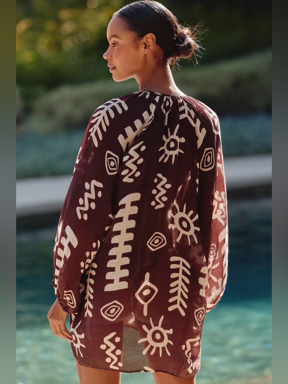 Anthropologie Tie-Neck Printed Mini Kaftan Dress Tunic Brown White Abstract - Picture 6 of 15